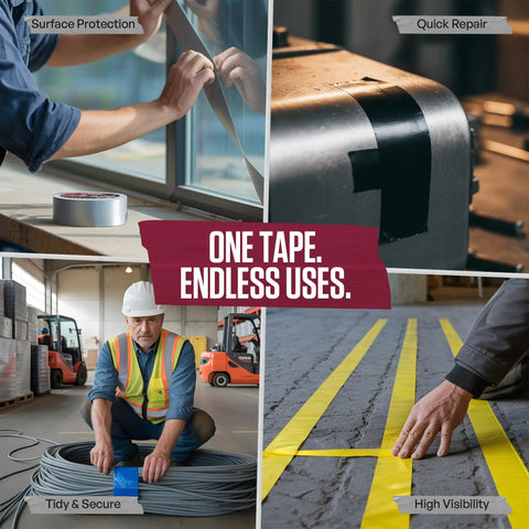 Collage showing Tan Duct Tape All Purpose Water Resistant 1.89 Inch By 60 Yards Roll for various uses, including surface protection, quick repair, tidy and secure wiring, and high visibility applications.