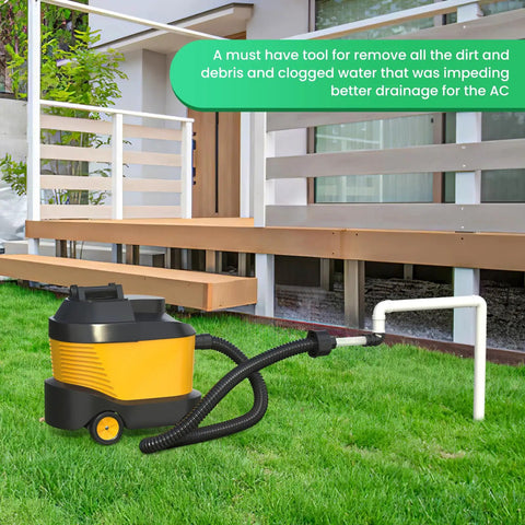 Universal Ac Drain Line Unclogger Tool And Hvac Pipe Cleaner Adapter with wet vacuum hose on grass for effective clog removal.