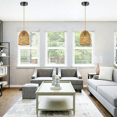 Boho Rattan Pendant Light Fixture With 72in Golden Cotton Cord Handwoven Hanging Lamp For Kitchen Island And Living Room Bulb Included Warm Ambient Glow Easy Install in a modern living room setting.