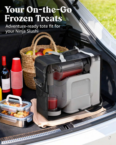 Ninja Slushie Machine Carrying Bag FS301 FS300 in car trunk with containers and basket