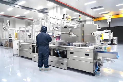 Technician operating a large automated packaging machine in a cleanroom environment.