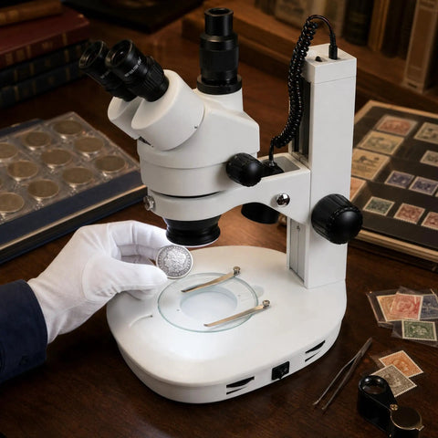 Trinocular Stereo Zoom Microscope 3.5X To 90X With Dual LED Illumination And 45 Degree Inclined Head, 360 Degree Rotating Ocular Tubes, Diopter Adjustment For Both Tubes, Long Life Cool LED Lighting With Adjustable Intensity, used for coin inspection