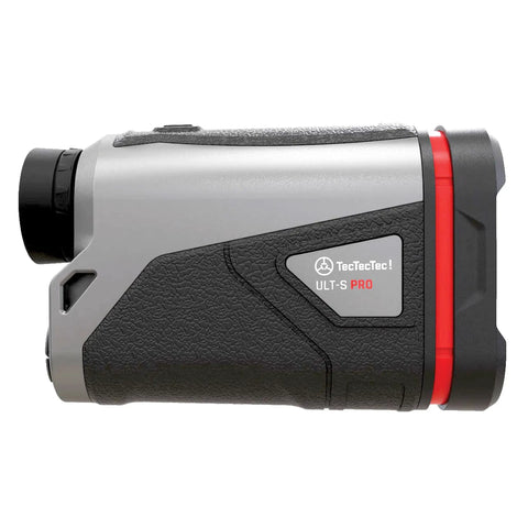 Pro Golf Laser Rangefinder With Slope Compensation And Shake Stabilization For Straight Up Accuracy and Nailing Tournament Targets Dead Center side view with black and silver design.