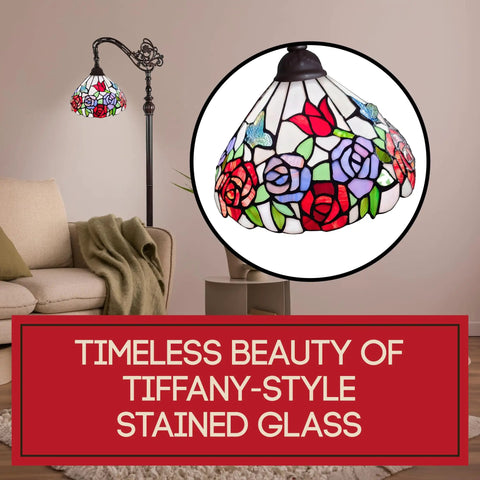 Tiffany Inspired Arched Stained Glass Floor Lamp 62 Inches Tall With Foot Switch Adjustable Shade Handcrafted Vintage Vibe For Cozy Living Room Decor In Red Purple Green Glass, displayed in a cozy room setting.