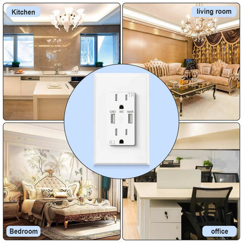 10 Pack Dual USB Wall Outlet With 5.0A Fast Charging Ports in kitchen, living room, bedroom, office settings; wall outlet focus