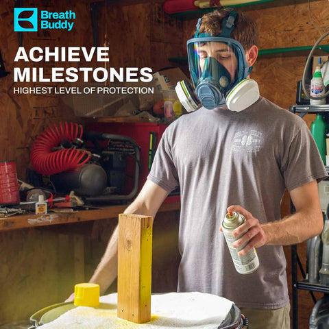Person using spray paint with Full Face Respirator Mask With Extra ABEK1P3R Cartridges For Dust And Smoke Reusable Eye Shield Anti Fog Design