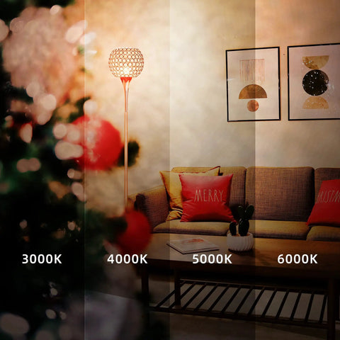 Crystal Floor Lamp In Rose Gold With Remote Control in living room, showcasing different color temperatures from 3000K to 6000K