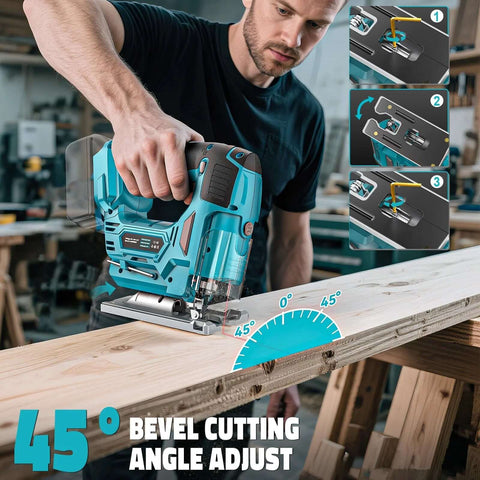 Cerycose cordless jig saw with teal body, Makita 18V compatibility, laser guide, 45° bevel, LED light