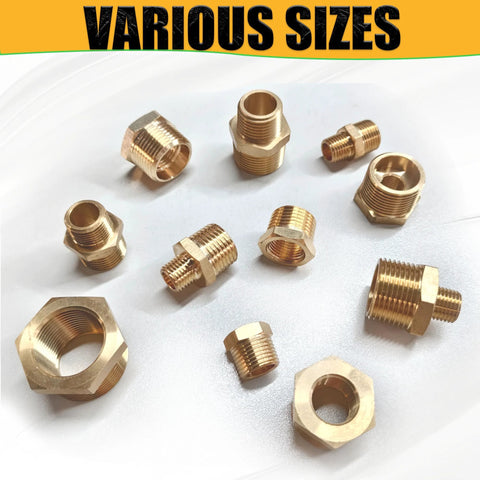 Various sizes of brass reducer bushing 3/8 to 1/4 fittings displayed on white background.