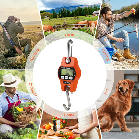 Heavy Duty Digital Crane Scale 660 Pound Capacity With Slick Backlit Lcd Screen hanging scale shown in outdoor settings for various uses.