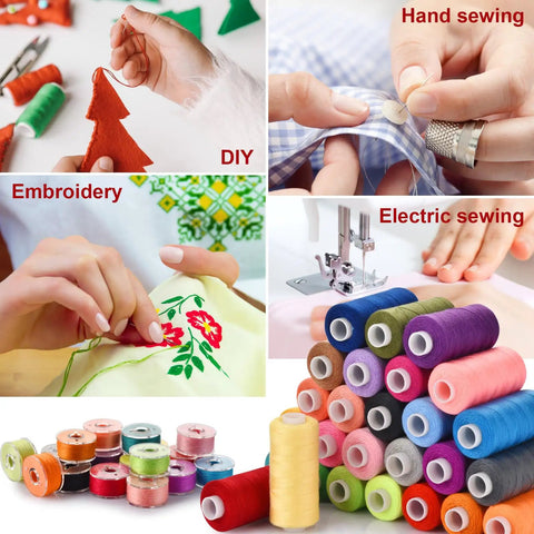 Real Deal Polyester Sewing Thread Kit With 36 Vibrant Shades And Prewound Bobbins Built For Machine Quilting, showing sewing, embroidery, and vibrant spools.