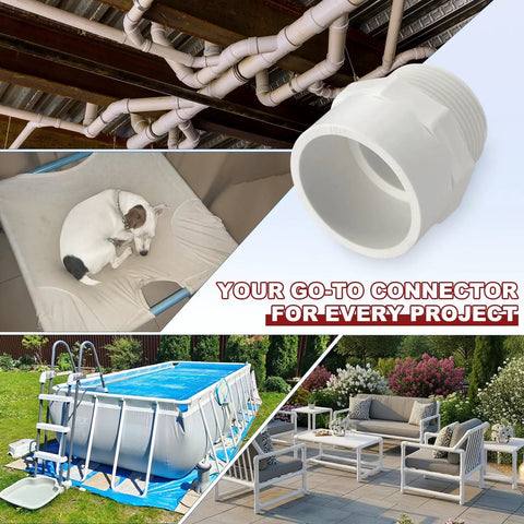 Collage showing Six Piece 1 1/4 Inch PVC Pipe Fitting Set SCH40 NPT Male Thread Adapter And Slip Coupling Connector used in projects