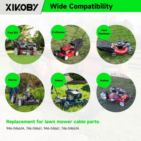 XIKOBY throttle cable replacement for 21-inch lawn mowers; wide compatibility across six brands.