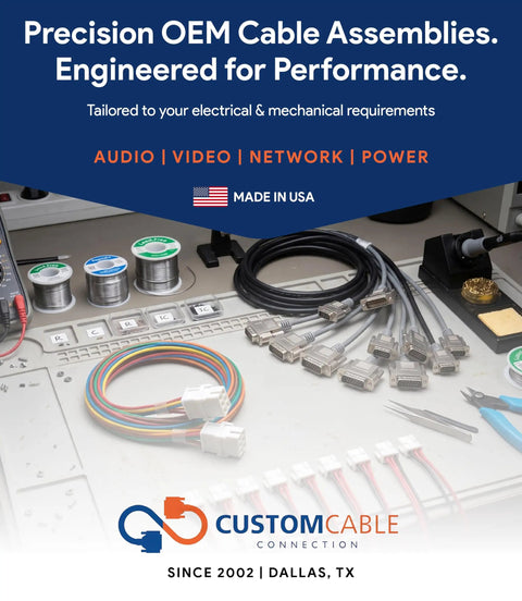 Precision OEM cable assemblies displayed with wires and connectors in a custom setup, showcasing audio, video, network, and power solutions.