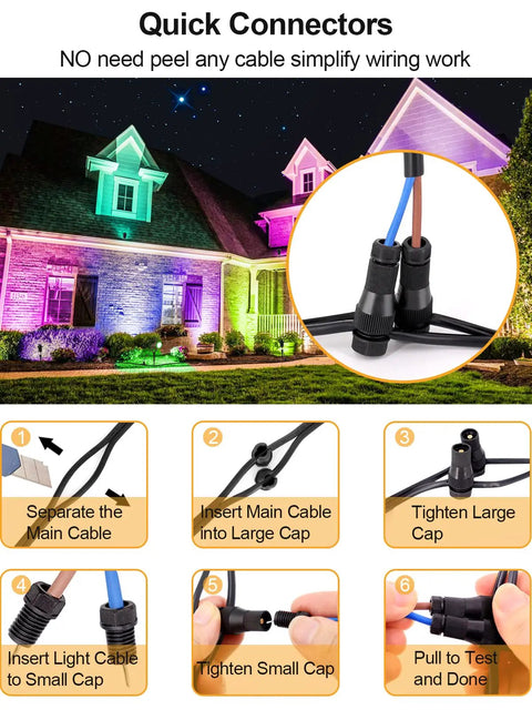 Low Voltage RGBW Landscape Lighting Kit with 10W Outdoor LED Spotlights for yard garden pathway 12V 24V connectors installation.
