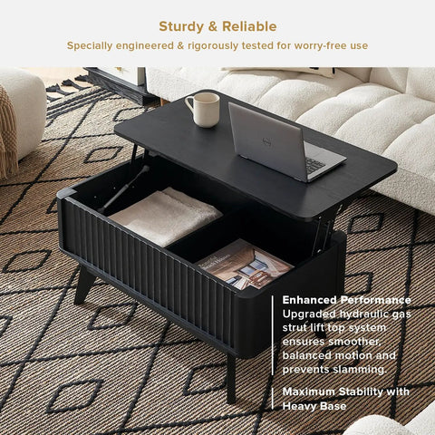 Top Shelf Modern Lift Top Coffee Table With Sleek Fluted Paneling And A Game Changing Pull Up Desktop Plus Hidden Storage Compartment In Durable Black Oak Finish with laptop and decor items.