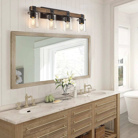 Farmhouse Vanity Light Fixture With Industrial Wood Wall Sconce And 4 Light Clear Glass Shades in bathroom setting