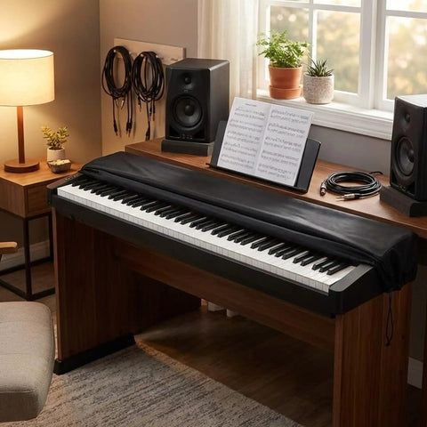 Stretchy Dust Cover For 88 Key Digital Piano Keyboard on wooden stand in home studio, black flexible protector, adjustable cord