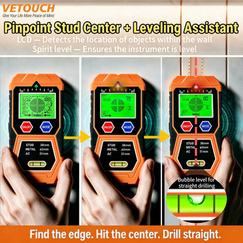 No Sweat 7 In 1 Wall Scanner And Stud Finder detecting wood and metal studs, featuring LCD screen and bubble level