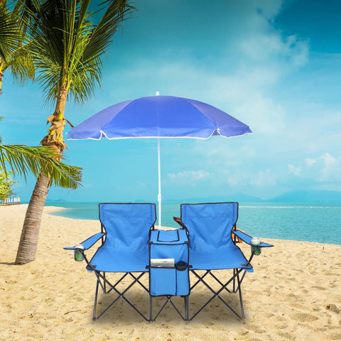 Folding Double Camping Chair With Detachable Umbrella Ice Bag Cup Holder Built In Cooler Bag Carrying Bag on beach scene