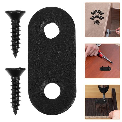 12 Sets Black Stainless Steel Straight Brackets with Screws for Beds and Shelves, showing bracket details and installation steps.