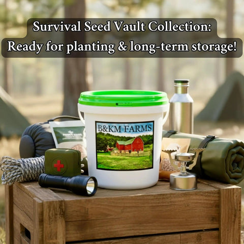 Epic Heirloom Survival Seed Kit With 100,000 Plus Seeds in a weatherproof bucket, shown on a camping setup with outdoor gear.