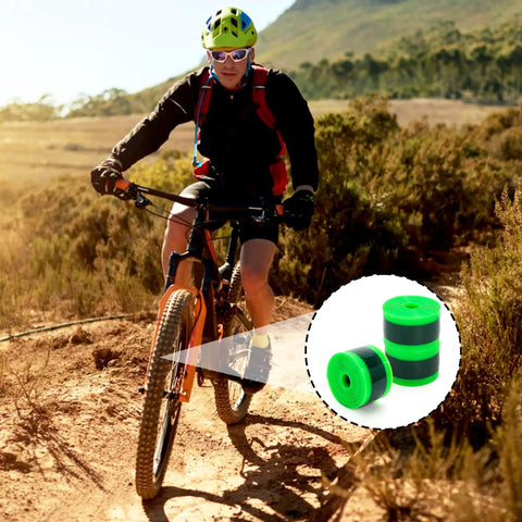 Cyclist on mountain trail with inset of Three Rolls Bike Tire Liner Pro Grade TPU Protection Inner Tube Saver on his wheel.