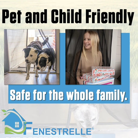 Heavy Duty Magnetic Screen Door With Hands Free Self Closing Seal, Fiberglass Mesh, Black Trim, dogs and child walking through