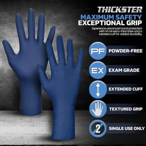 Powder Free Latex Exam Gloves 14 Mil Thick Fully Textured Grip Blue Large 12 Inch Disposable Single Use Pack of 50