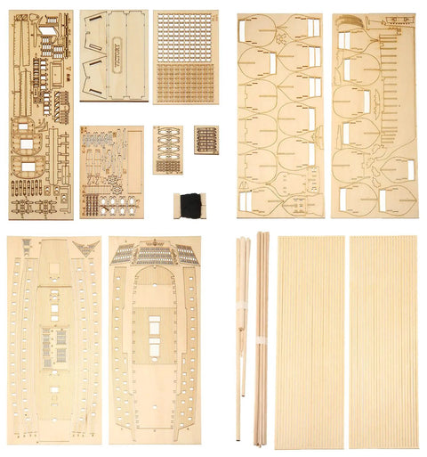 Laser-cut wooden pieces of 3D Wooden Ship Puzzle Kit For Adults 1:200 Laser-Cut HMS Victory Model Hands-On DIY Build For Sailors At Heart