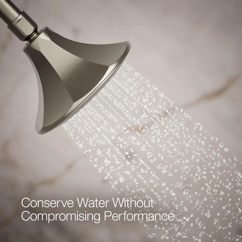 5-1/2 Inch 1-Function Showerhead With Nickel Finish, 2.5 GPM, Air-Induction Technology, spraying water, side view