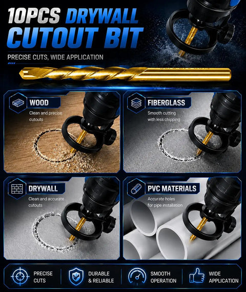 Heavy Hitter Titanium Nitride Coated Hss Rotary Tool Bits For Drywall Sheetrock And Plywood With Precision Sabre Tip For No Mess Outlet Box Trimming And Ceiling Tile Projects Rock Solid 100 Piece Set, showing cutout bits for drywall and wood.