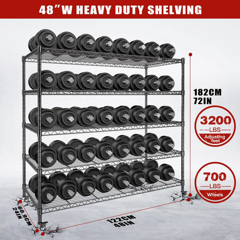 Badass Heavy Duty Five Tier Wire Shelving With Smooth Rollin Caster Wheels And Adjustable Steel Storage Rack For Garages Workshops And Commercial Spaces providing top shelf organization with weights.