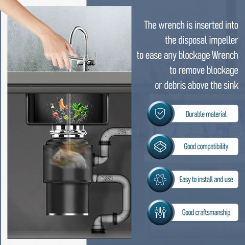 Garbage Disposal Unjamming Wrench Tool Universal Compatibility With Moen InSinkErator And Waste King Disposals graphic.