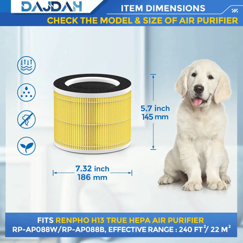 Pet Allergy Focused RP-AP088-F1 Replacement Filter For Air Purifier With True HEPA H13, Activated Carbon For Ammonia Removal, Fits RP-AP088B RP-AP088W, 2 Pack, Odor Busting Breath Easy Purification next to a puppy illustrating size.