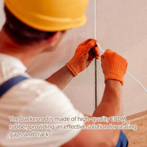 No-Nonsense White Foam Rubber Backer Rod For Concrete Expansion Joints And Crack Filling used by a worker for sealing gaps.