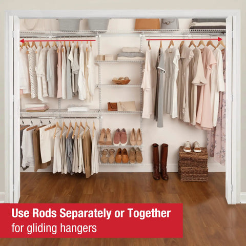 Rock Solid Closet Shelving System Adjustable 6 To 10 Feet Wide Metal Wire Storage Rack With Rust Proof Epoxy Finish showing organized clothing and shoes.