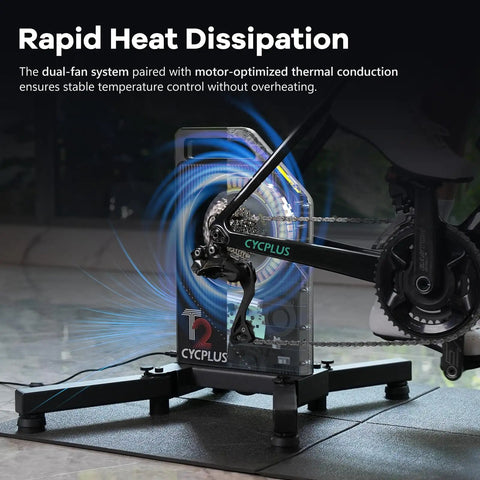 Image of T2 Smart Bike Trainer With 2200W Brushless Motor 20 Percent Gradient Simulation showing rapid heat dissipation.