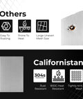 Comparison showing others' mesh prone to rust and heat damage versus Californistan 304 stainless steel rustproof mesh.