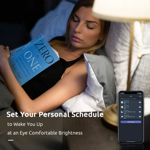 Woman sleeping with book, smartphone showing Candelabra E12 Smart Bulbs 5W 400lm LED RGB Color Changing, app schedule