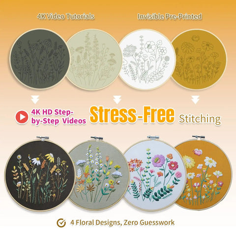 Beginner Embroidery Kit With Two Hoops, Four Floral Patterns, Includes 4K Video Tutorials And 11 Fundamental Stitches, Perfect For New Crafters To Learn Fast image showing floral embroidery designs in hoops.