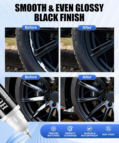 Slick Gloss Black Rim Repair Kit For Universal Alloy Wheels Quick Curb Rash And Scratch Touch Up Pen No Sweat Three Step Wheel Paint Fix Before and After images of wheel restoration.