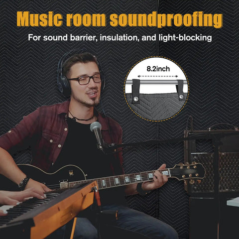 Musician playing guitar with 72 By 40 Studio Sound Dampening Blanket With Heavy Duty Grommets for noise reduction and light blocking