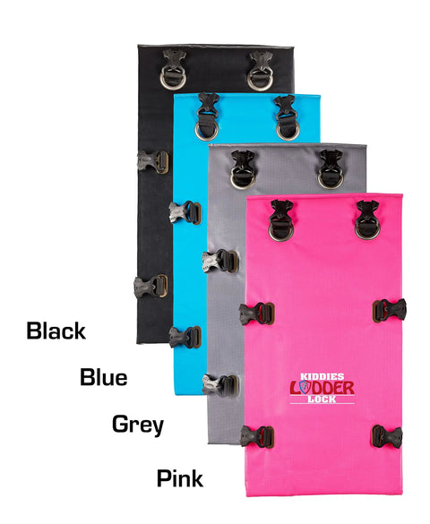 Four ladder locks in black, blue, grey, and pink showing "Kid Friendly Ladder Lock For Bunk Beds Pink Prevents Access To Ladders With Easy Install Ladder Cover Guard To Prevent Falls And Accidents, Keeps Toddlers Safe In Any Room, Kid Safe And Durable, Bright Pink Color For Quick Visuals" branding.