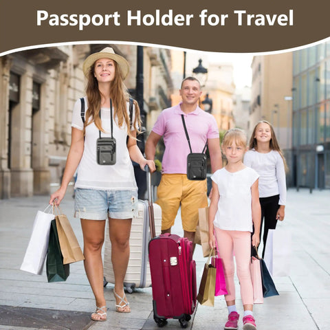 Family traveling with Hands Free Travel Neck Wallet With RFID Blocking Passport Holder, dark grey, adjustable strap