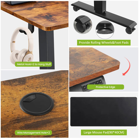 Farexon Electric Standing Desk Adjustable Height Black Brown Wood Grain Surface With Power Outlets, Wheels, And Mouse Pad features metal hooks, wheels, and wire management holes.