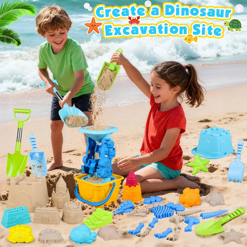 Children playing with Kiddo Friendly 28 Piece Beach Sand Toys Set for Kids Toddlers Ages 3 10 Includes Buckets Water Wheel Long Shovels