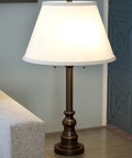 Spyglass Table Lamp with Bronze Finish, Dual Pull Chains, White Linen Shade, Retro Modern Luxe Vibe, Classic Mid Century Style