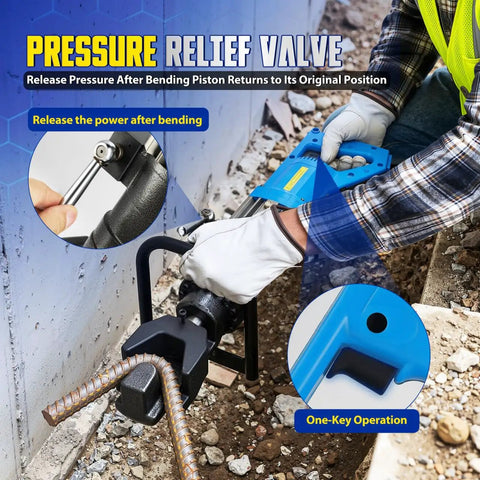 Heavy Duty Hydraulic Rebar Bender 110V 1400W Electric Bender Machine With Stepless Angle Adjustment For Construction And Fabrication Jobs adjusting pressure relief valve during steel bending.