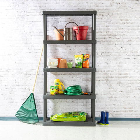 Hustle Proof Five Shelf Heavy Duty Plastic Storage Rack with Ventilated Perforated Shelves holding gardening tools and supplies.